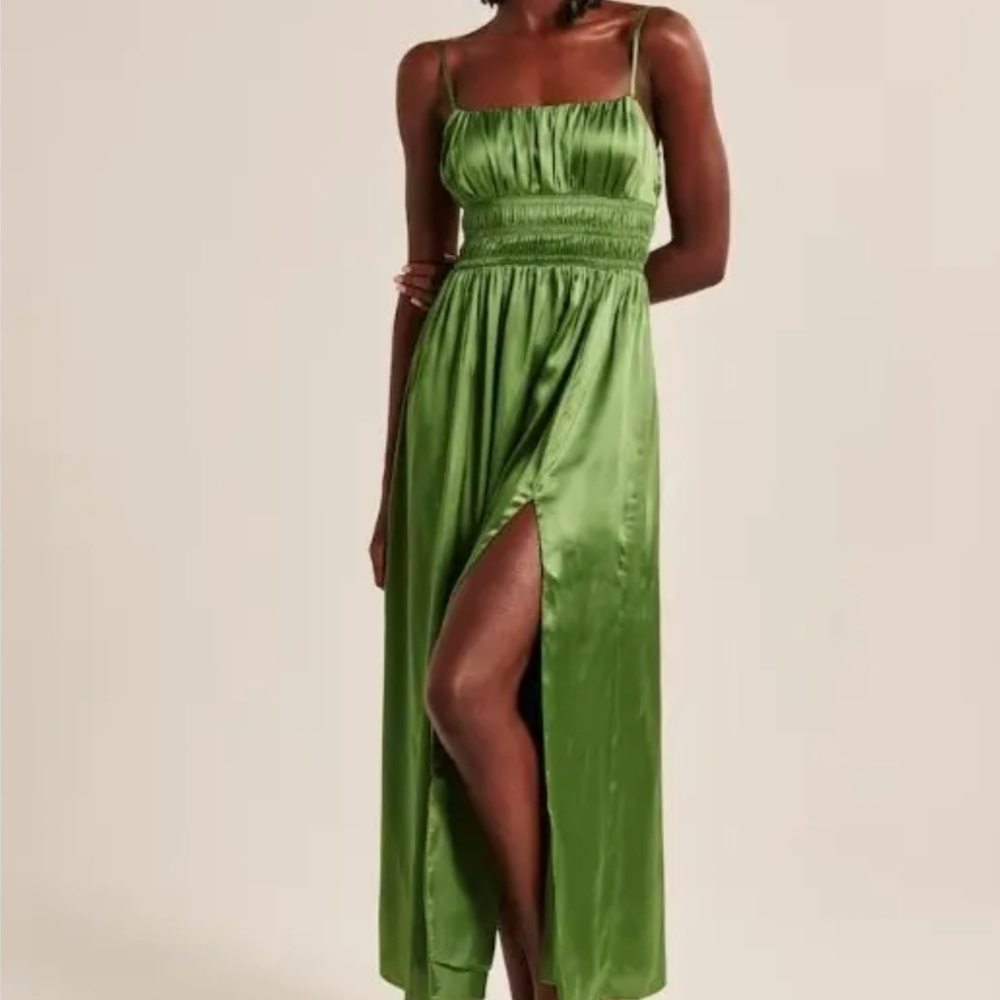Abercrombie & Fitch Satin Olive Green Maxi Dress with Side Slit